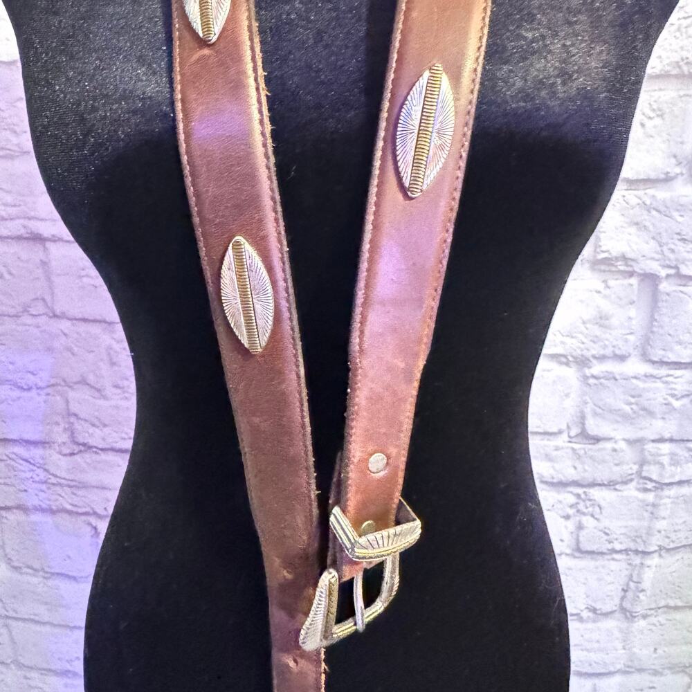 Brown Leather Belt with Silver and Gold oval ornamentation 48”